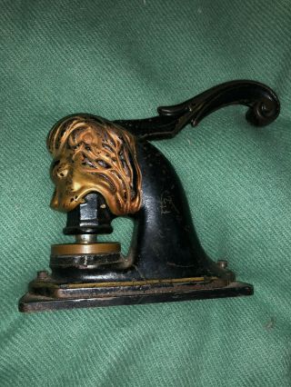 Antique 1861 - 1865 Solid Cast Iron Lion Seal Embosser Stamp Notary Press Towel
