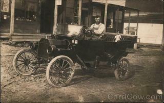 Cars Rppc Man - And Dog - Sitting In Car In Front Of Building Real Photo Post Card