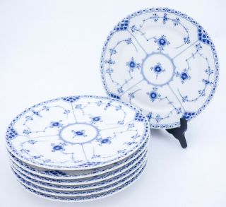7 Dinner Plates 577 - Blue Fluted - Royal Copenhagen - Half Lace - 1st Quality