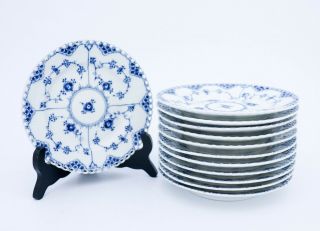 12 Plates 1087 - Blue Fluted - Royal Copenhagen - Full Lace - 1:st Quality