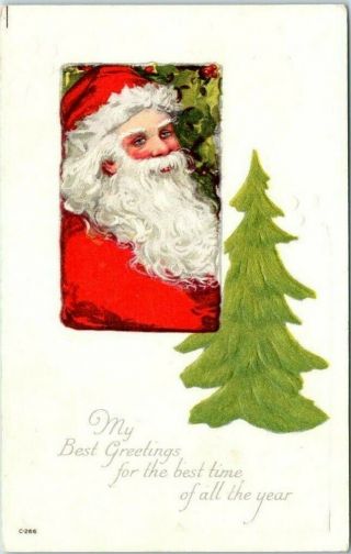 Vintage Christmas Embossed Postcard Santa Claus Green Xmas Tree 1910s - K84