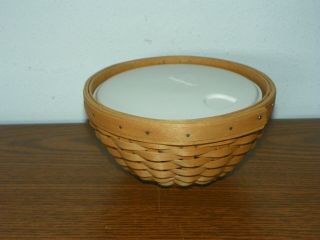 Longaberger Woven 7” Round Small Bowl Basket W/ 40101 Hard Protector & Lid