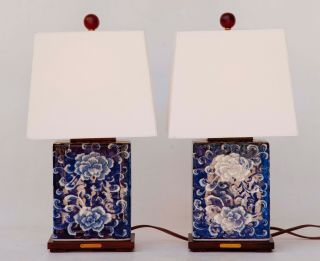 Ralph Lauren blue and white floral lotus table lamps pair set 2 2
