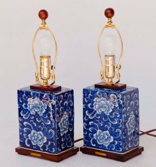 Ralph Lauren blue and white floral lotus table lamps pair set 2 3