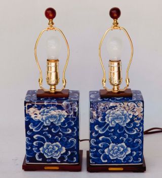 Ralph Lauren blue and white floral lotus table lamps pair set 2 4