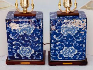 Ralph Lauren blue and white floral lotus table lamps pair set 2 5