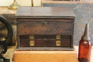 Antique Industrial Machinists Wood Tool Box Chest Cabinet Drawers W/ Key 1800s