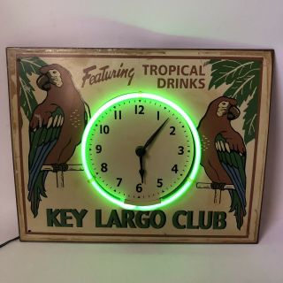 Vintage Neon Metal Clock Bar Sign Parrot Beer Key Largo Club Tropical Drinks