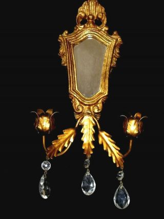 Vtg 14 " Italian Florentine Gilt Tole Mirror Candle Holder Sconce Crystal Prism