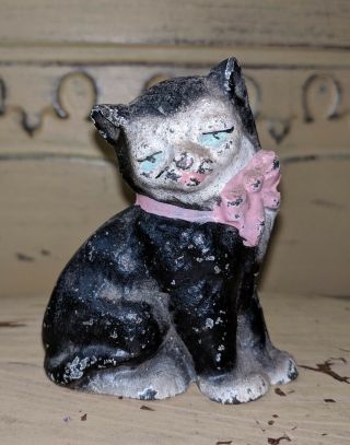 Antique Miniature Cast Iron Kitty Cat With Bow Mini Door Stop Statue Figurine 3 "
