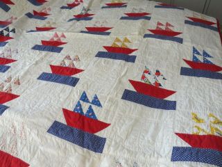 Vintage Handsewn And Hand Quilted Red White And Blue Quilt Sailboats C.  1940