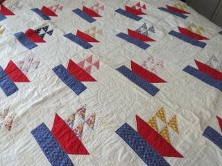 Vintage Handsewn and Hand Quilted Red White and Blue Quilt Sailboats c.  1940 2