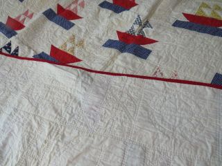 Vintage Handsewn and Hand Quilted Red White and Blue Quilt Sailboats c.  1940 3