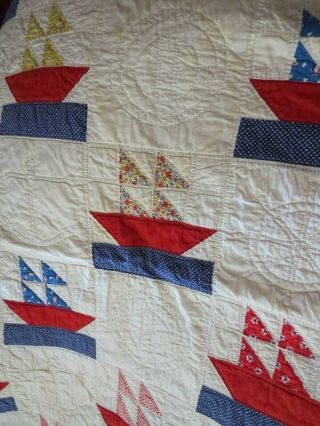 Vintage Handsewn and Hand Quilted Red White and Blue Quilt Sailboats c.  1940 4