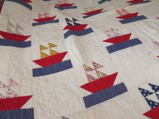 Vintage Handsewn and Hand Quilted Red White and Blue Quilt Sailboats c.  1940 5