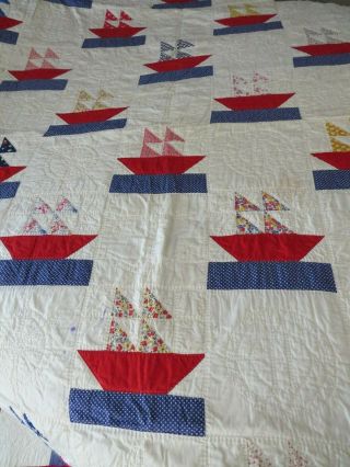 Vintage Handsewn and Hand Quilted Red White and Blue Quilt Sailboats c.  1940 6