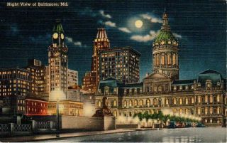Night View Of Baltimore,  Maryland Linen Postcard - Posted 1945