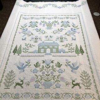 Vintage Handmade Hand Quilted Cross Stitch Embroidered Blue White Quilt 92 " X 75