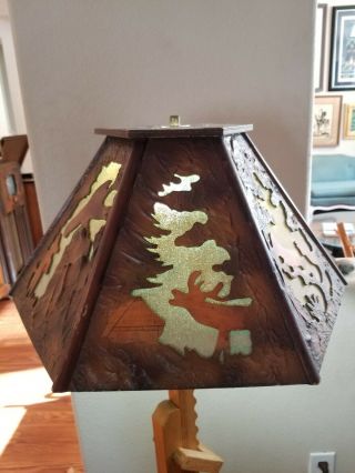 Vintage Black Forest Hand Carved Wood Bears Fish Birds Lamp Shade Linen lined 4