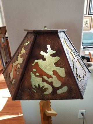 Vintage Black Forest Hand Carved Wood Bears Fish Birds Lamp Shade Linen lined 5