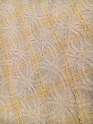 Vintage Chenille Bedspread Yellow Bone White Full Size 104” X 85” 5