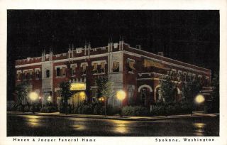 Hazen & Jaeger Funeral Home,  Spokane,  Wa Night View Ca 1930s Vintage Postcard