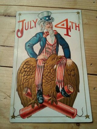 1914 Old 4th Of July Postcard Embossed With Uncle Sam And Gold Eagle