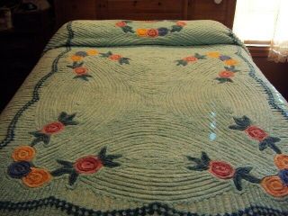 Vintage Chenille Bedspread Floral/aqua/turquoise Tufted Linens Textiles
