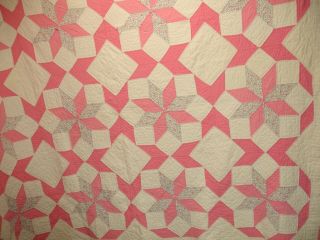 Q37 - Vintage Quilt,  Hand Quilted,  Pink Stars,  76 X 73 Inches