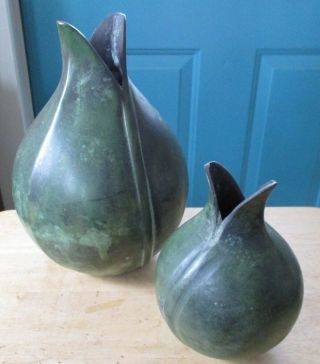 Two Dept.  56 Heavy Metal Green Ball Vases Made In India,  Largest Is 10 1/2 " High