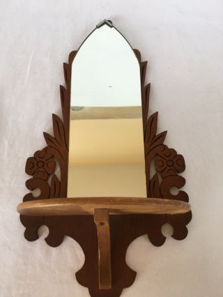 Vintage Scroll Products Art Deco Wood Framed Wall Mirror With Shelf.
