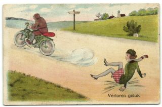 Girl Falls Of Motorcycle Comic Olad Artist Postcard 1928