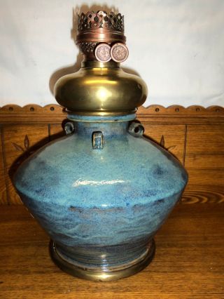 Fine Art Pottery 3 Handle Kerosene Lamp - Ej Dewey Duplex Burner Ny