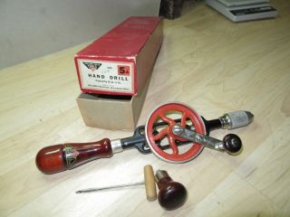 Vintage Millers Falls 5A hand drill w/box & label fine barely 7 bit & Awl 11