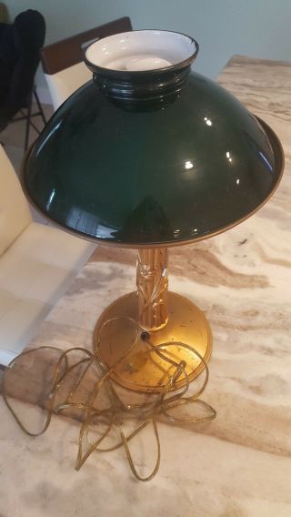 Antique Early 20thc Brass Table Lamp Emeralite ? Cased Green Glass Shade