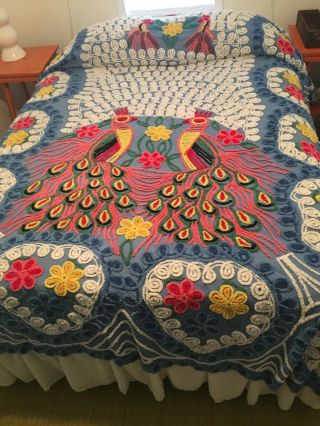 Vintage 1930’s Handmade Chenille Peacock Bedspread.  Full/queen Size 90”x96”