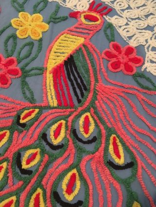 Vintage 1930’s Handmade Chenille Peacock Bedspread.  Full/Queen Size 90”x96” 2