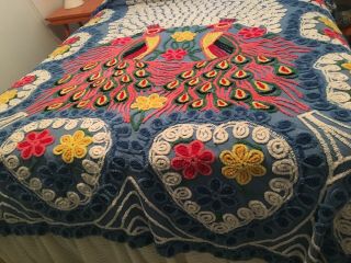 Vintage 1930’s Handmade Chenille Peacock Bedspread.  Full/Queen Size 90”x96” 4