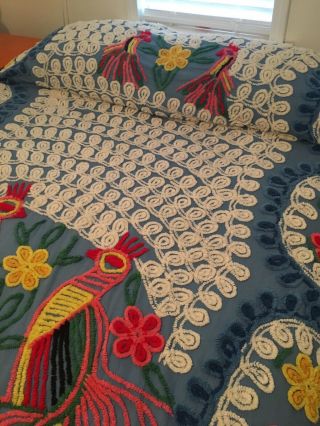 Vintage 1930’s Handmade Chenille Peacock Bedspread.  Full/Queen Size 90”x96” 6