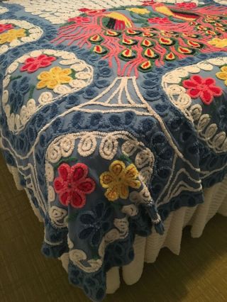 Vintage 1930’s Handmade Chenille Peacock Bedspread.  Full/Queen Size 90”x96” 9