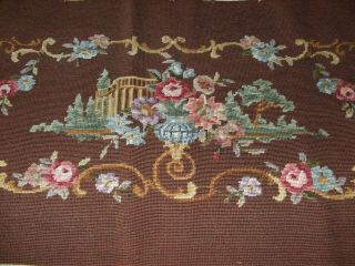 Large Antique Needlepoint With Floral Country Scene And Trellis Design