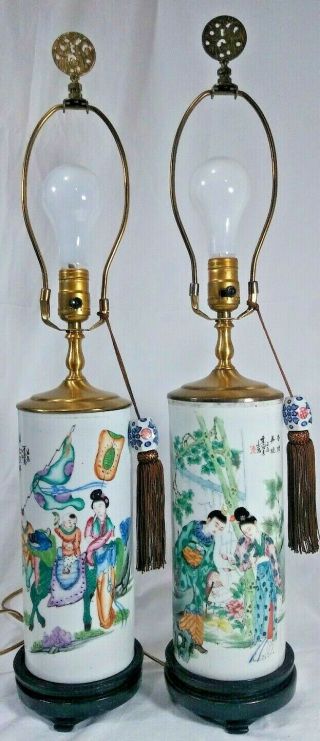 Vintage Chinese Hand Painted Porcelain Table Lamps