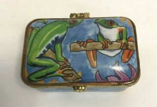 Porcelain Hinged Trinket Box Frogs Floral Puerto Rico Agiftcorp 2.  5 " X 1.  5 "