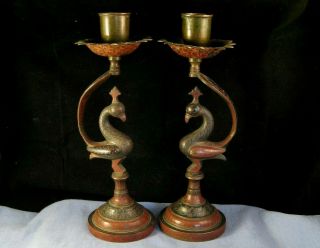 Antique Brass Enamel Candlesticks Peacock Birds Anglo Indian Pair C1900