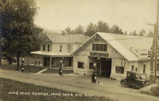 Long Lake N.  Y. ,  Rare,  Long Lake Garage (3 Globe - Top Pumps,  Old Car),  Rppc