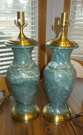Vintage Wildwood Urn Lamps Pair Green Marble Hollywood Regency Pristine Large