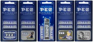 Pez Regular Silver Glow & 4 Retro Pez Tins W/ Sugarless Peppermint Candy - Moc