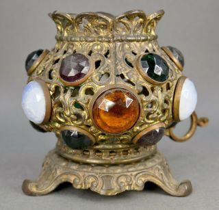Antique Fancy Jeweled Faceted Glass Gilt Miniature Fairy Finger Candle Lamp 3