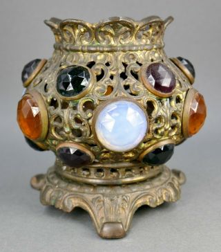 Antique Fancy Jeweled Faceted Glass Gilt Miniature Fairy Finger Candle Lamp 4