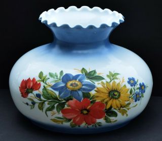 Large Antique Glass Hand Painted Blue Pansy Flower Oil Lamp Shade 10” Base